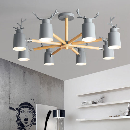 Adjustable Nordic Chandelier Light With Metal Antler Design Cylindrical Shade And Wooden Arm