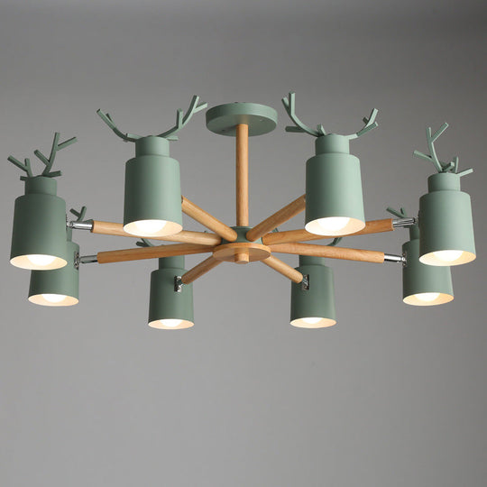 Adjustable Nordic Chandelier Light With Metal Antler Design Cylindrical Shade And Wooden Arm