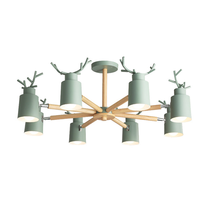 Adjustable Nordic Chandelier Light With Metal Antler Design Cylindrical Shade And Wooden Arm