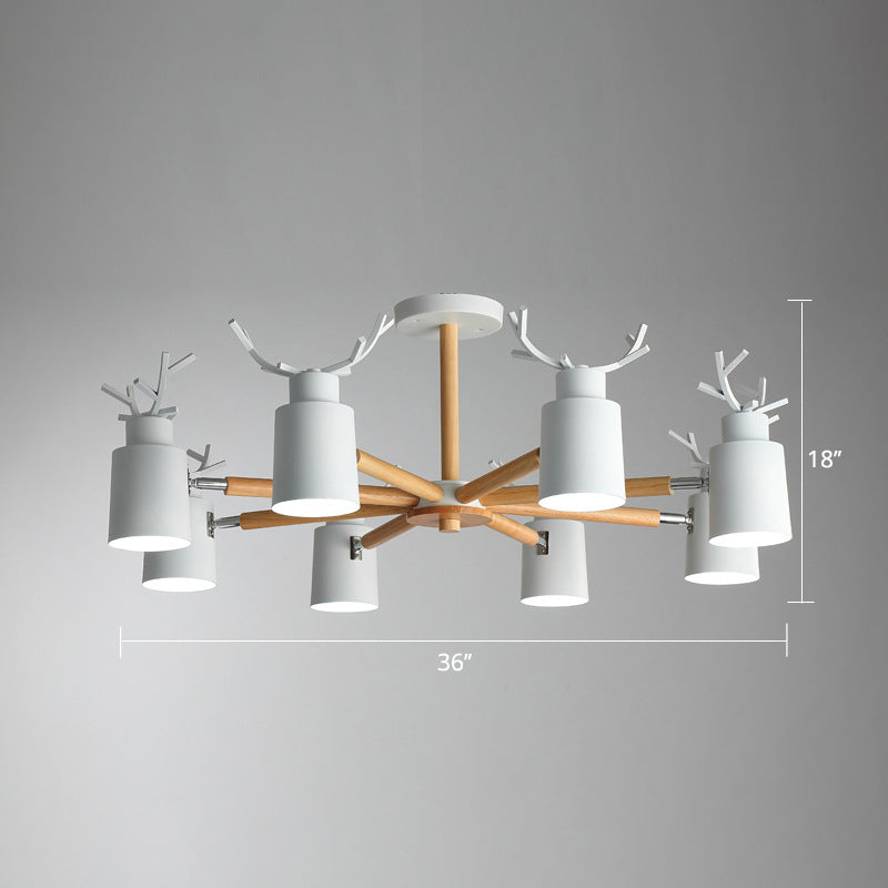 Adjustable Nordic Chandelier Light With Metal Antler Design Cylindrical Shade And Wooden Arm