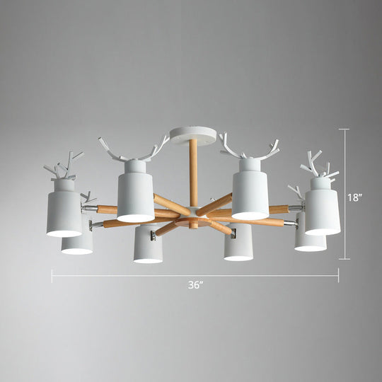 Adjustable Nordic Chandelier Light With Metal Antler Design Cylindrical Shade And Wooden Arm 8 /