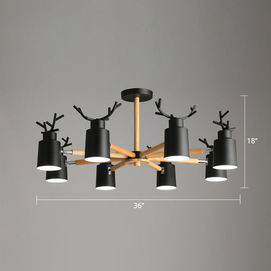 Adjustable Nordic Chandelier Light With Metal Antler Design Cylindrical Shade And Wooden Arm