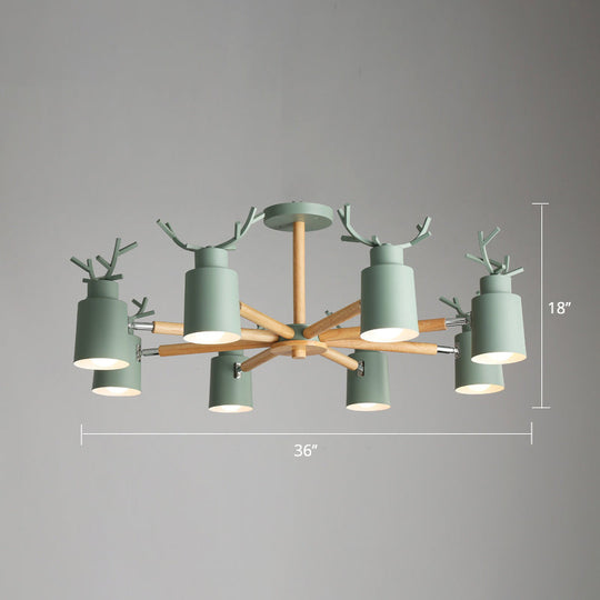 Adjustable Nordic Chandelier Light With Metal Antler Design Cylindrical Shade And Wooden Arm