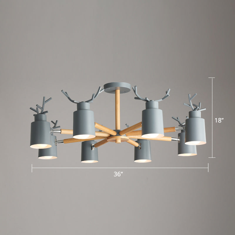 Adjustable Nordic Chandelier Light With Metal Antler Design Cylindrical Shade And Wooden Arm