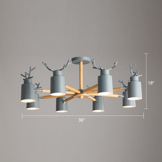 Adjustable Nordic Chandelier Light With Metal Antler Design Cylindrical Shade And Wooden Arm