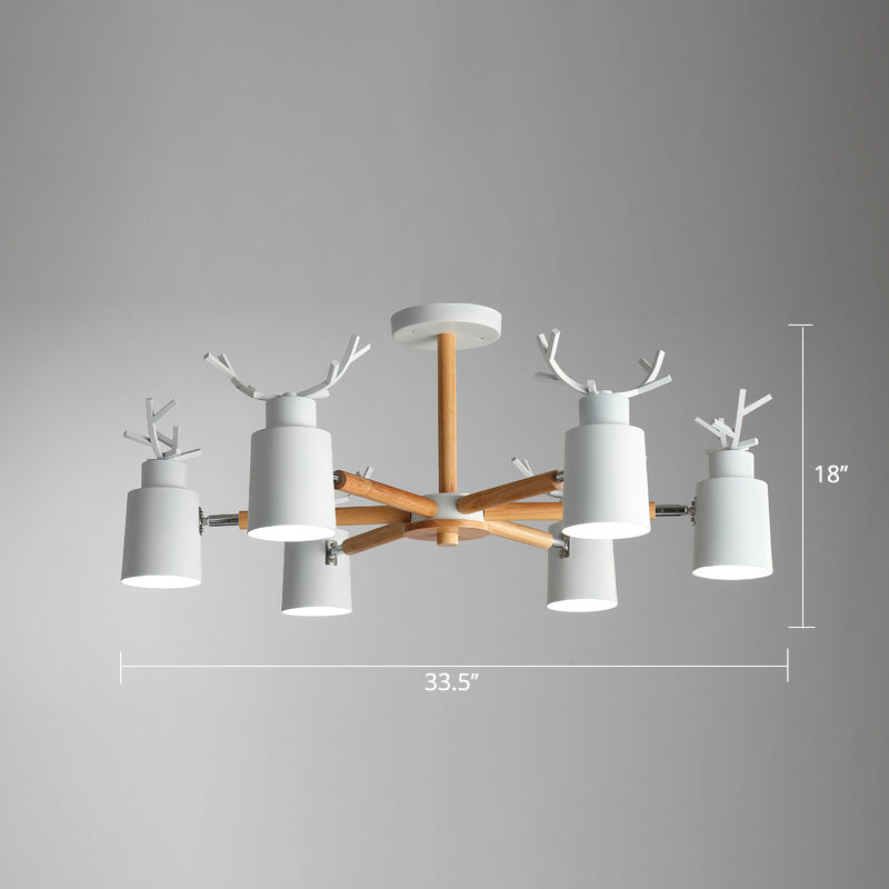 Adjustable Nordic Chandelier Light With Metal Antler Design Cylindrical Shade And Wooden Arm