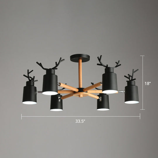 Adjustable Nordic Chandelier Light With Metal Antler Design Cylindrical Shade And Wooden Arm