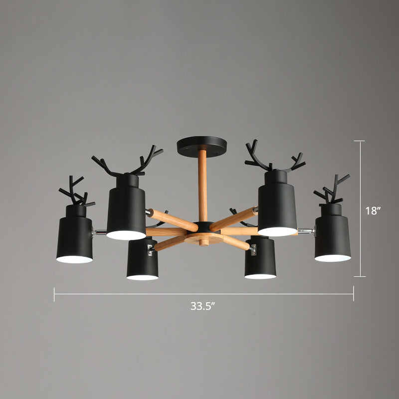 Adjustable Nordic Chandelier Light With Metal Antler Design Cylindrical Shade And Wooden Arm 6 /