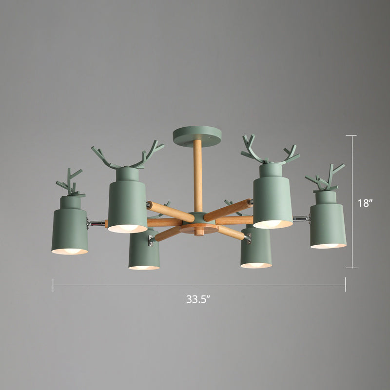 Adjustable Nordic Chandelier Light With Metal Antler Design Cylindrical Shade And Wooden Arm