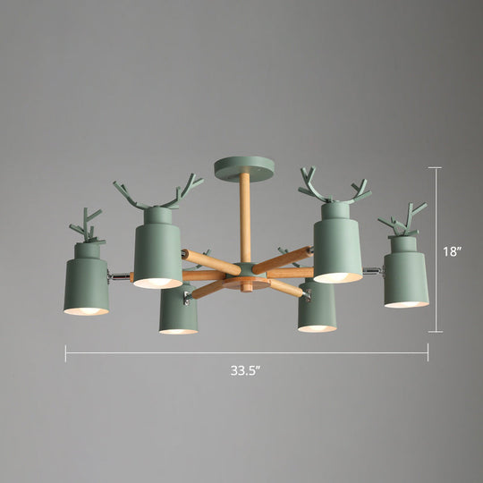 Adjustable Nordic Chandelier Light With Metal Antler Design Cylindrical Shade And Wooden Arm