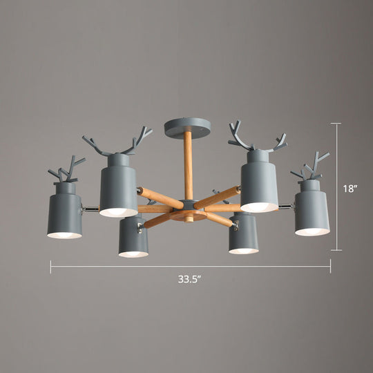 Adjustable Nordic Chandelier Light With Metal Antler Design Cylindrical Shade And Wooden Arm