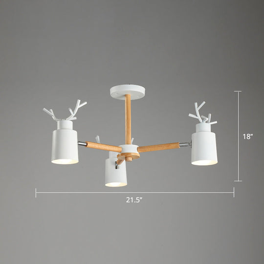 Adjustable Nordic Chandelier Light With Metal Antler Design Cylindrical Shade And Wooden Arm