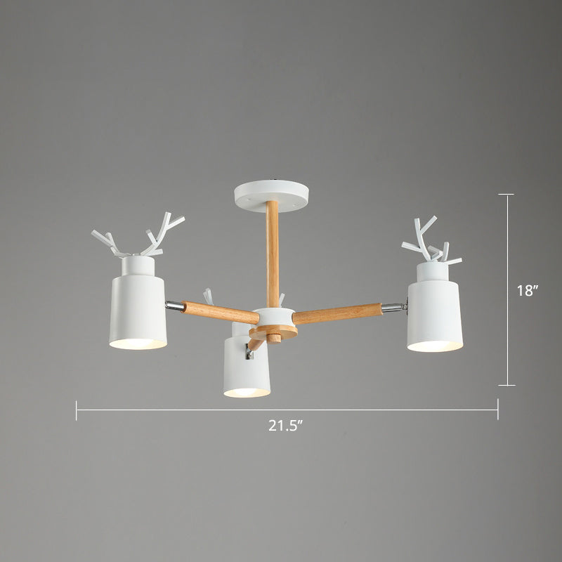 Adjustable Nordic Chandelier Light With Metal Antler Design Cylindrical Shade And Wooden Arm 3 /