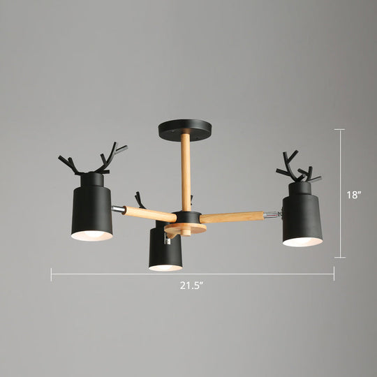 Adjustable Nordic Chandelier Light With Metal Antler Design Cylindrical Shade And Wooden Arm