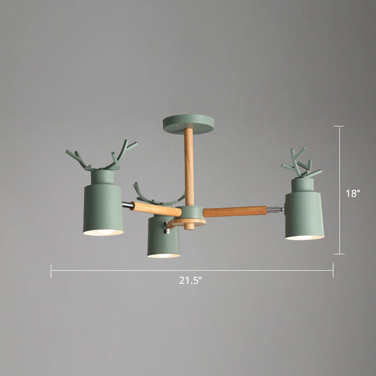 Adjustable Nordic Chandelier Light With Metal Antler Design Cylindrical Shade And Wooden Arm