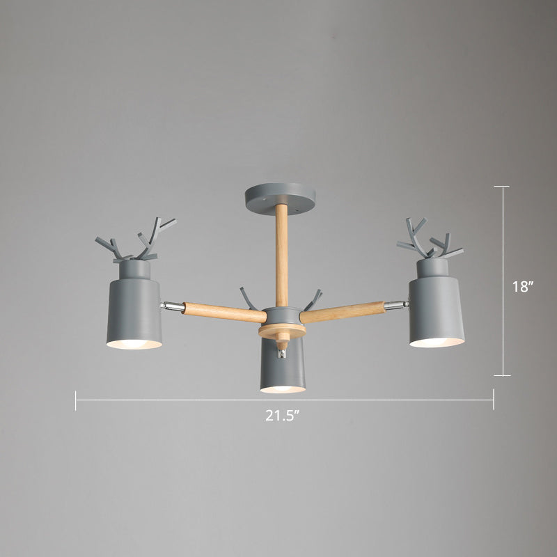 Adjustable Nordic Chandelier Light With Metal Antler Design Cylindrical Shade And Wooden Arm