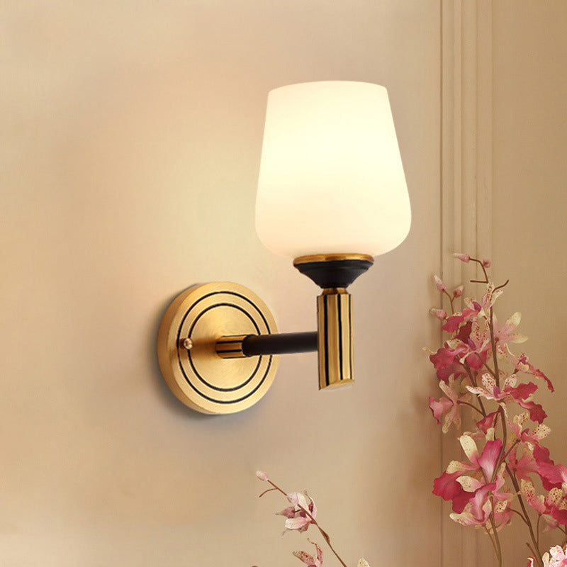 Vintage Conical Wall Sconce With Frosted Glass Shade In Black-Gold - Perfect For Foyer Lighting