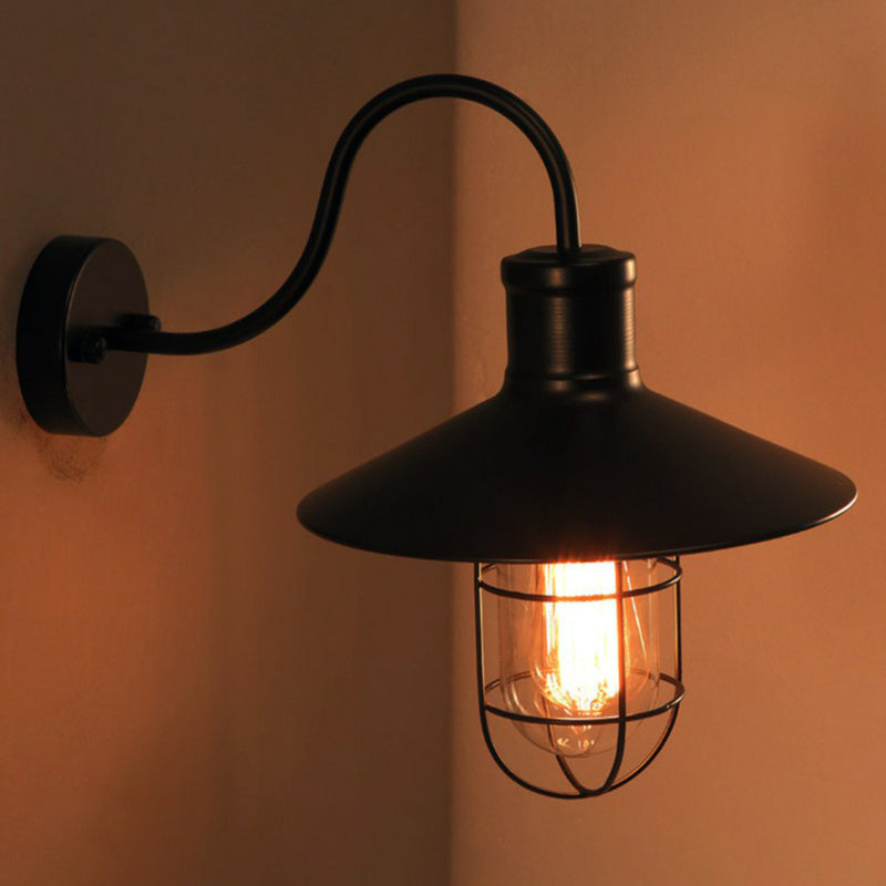 Industrial Metal Wall Sconce With Cage - Black Conical Gooseneck Design For Corridors