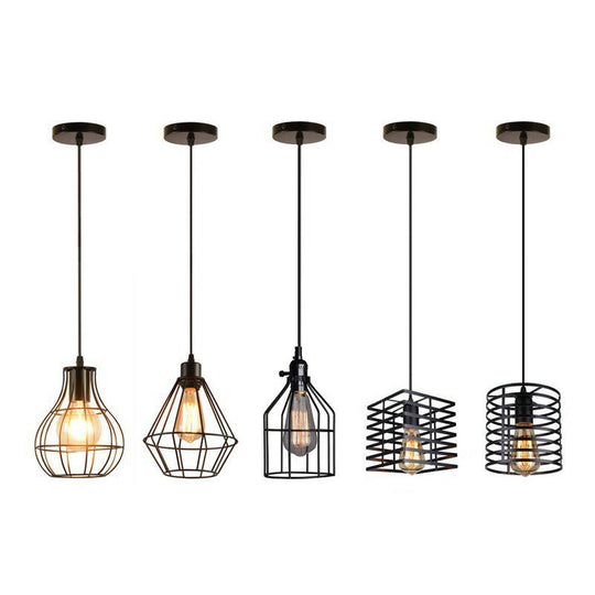 Farmhouse 1-Light Black Iron Cage Pendant Dining Room Lamp