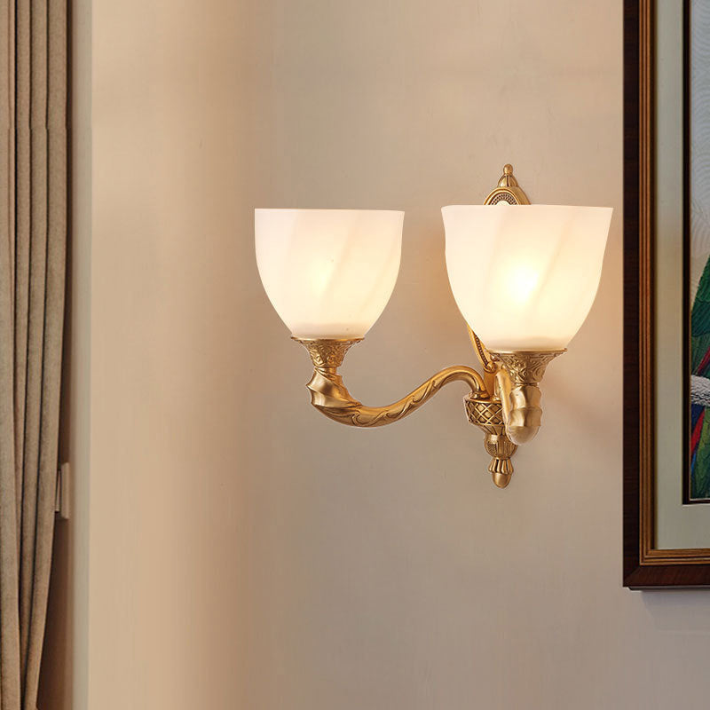 Retro Gold Dome Wall Lamp With Frosted Glass & Scrolled Arm