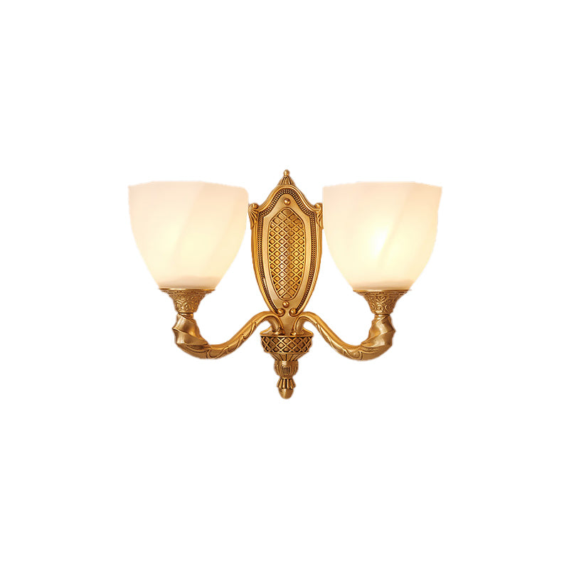 Retro Gold Dome Wall Lamp With Frosted Glass & Scrolled Arm