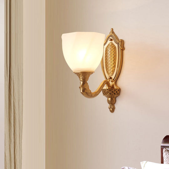 Retro Gold Dome Wall Lamp With Frosted Glass & Scrolled Arm 1 /