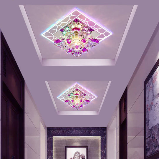 Modern Stainless Steel LED Flush Mount Ceiling Light with Clear Flower Crystal Square Spotlight s for Aisle