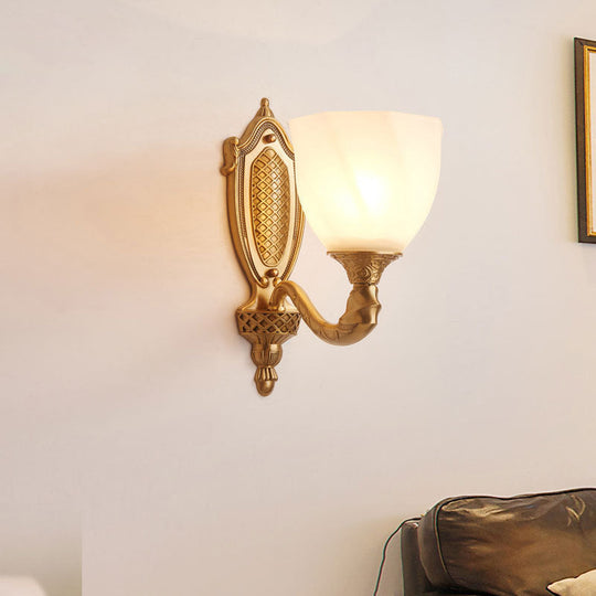 Retro Gold Dome Wall Lamp With Frosted Glass & Scrolled Arm