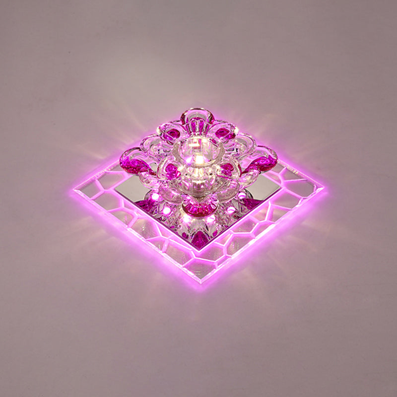 Modern Acrylic Square Led Flush Mount With Crystal Flower Shade Clear / Pink