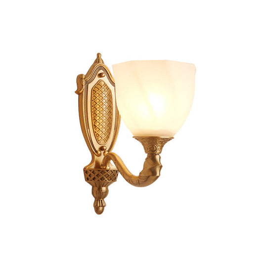 Retro Gold Dome Wall Lamp With Frosted Glass & Scrolled Arm