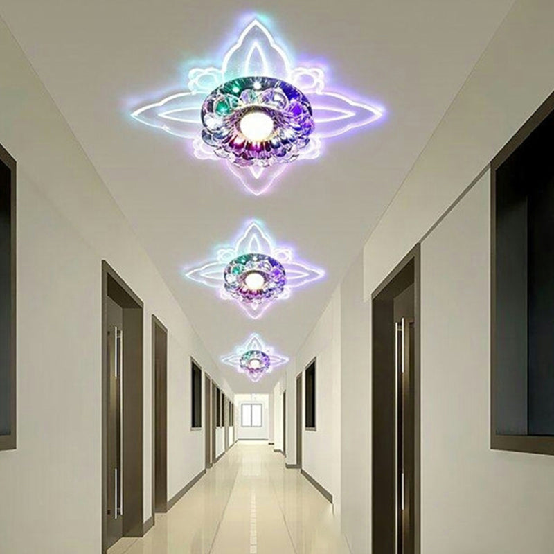 Contemporary Floral Crystal Led Flushmount Ceiling Light - Clear Perfect For Hallways