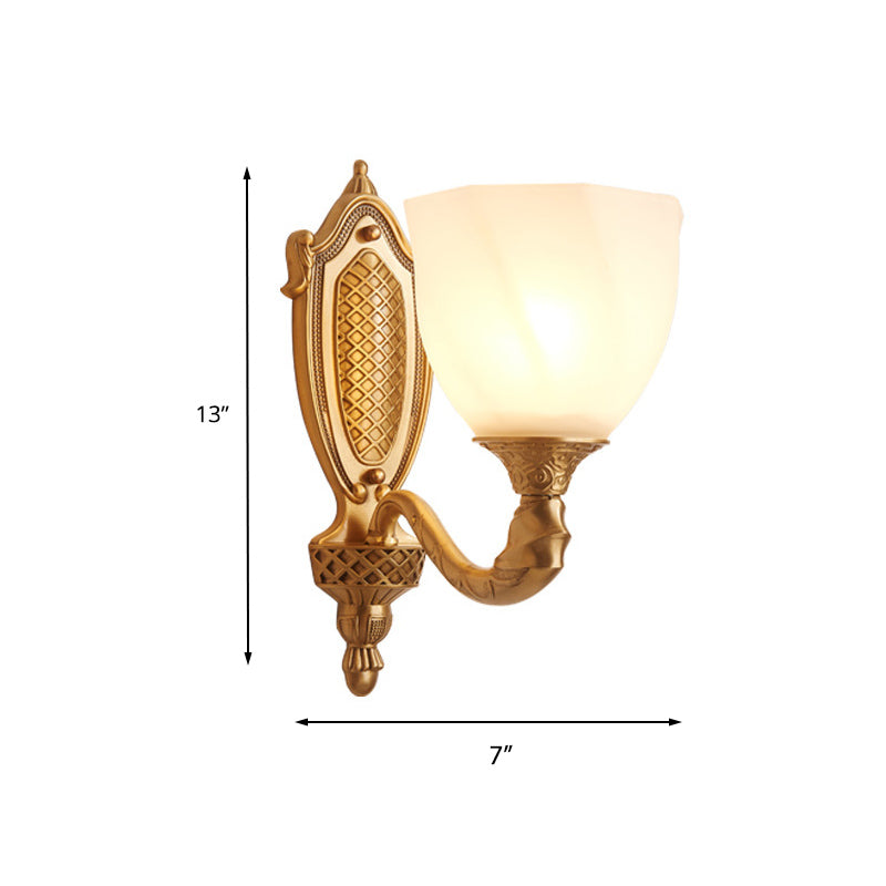 Retro Gold Dome Wall Lamp With Frosted Glass & Scrolled Arm