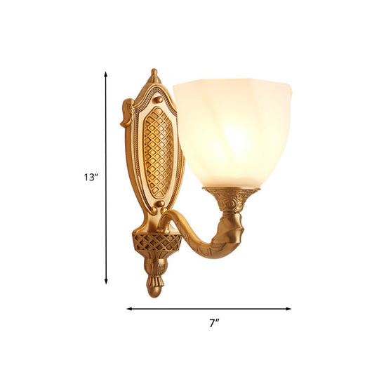 Retro Gold Dome Wall Lamp With Frosted Glass & Scrolled Arm