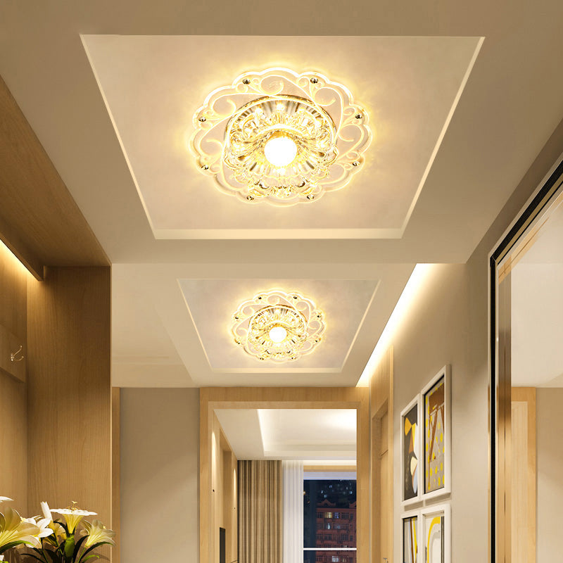 Modern Crystal Ceiling Lamp: Elegant Floral Swirls Design Clear Flush Mount Light For Entryway