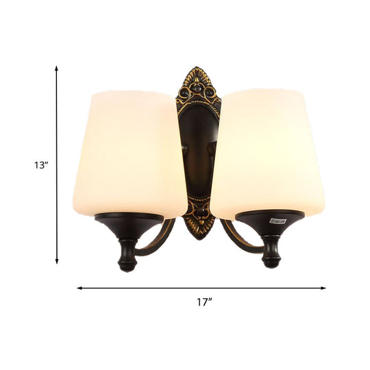 Retro Conical Sconce Wall Light 1/2-Light White Glass Fixture With Black Metal Curved Arm