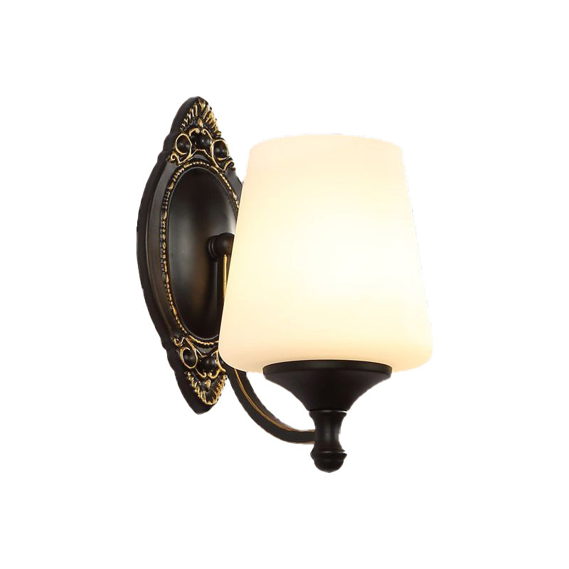 Retro Conical Sconce Wall Light 1/2-Light White Glass Fixture With Black Metal Curved Arm