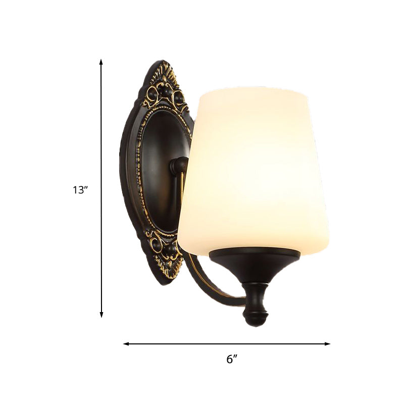 Retro Conical Sconce Wall Light 1/2-Light White Glass Fixture With Black Metal Curved Arm