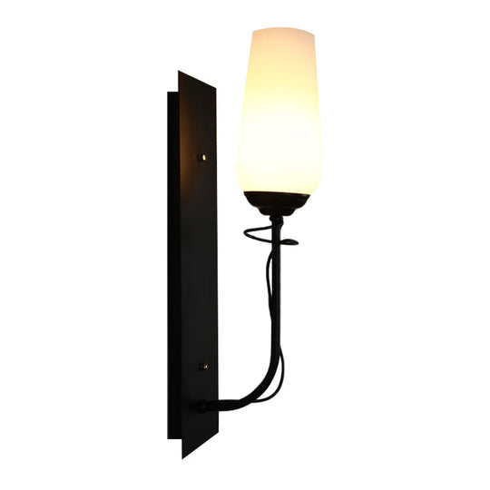 Opal Glass Vintage Style Tapered Wall Lamp - Single Light Black Sconce For Living Room