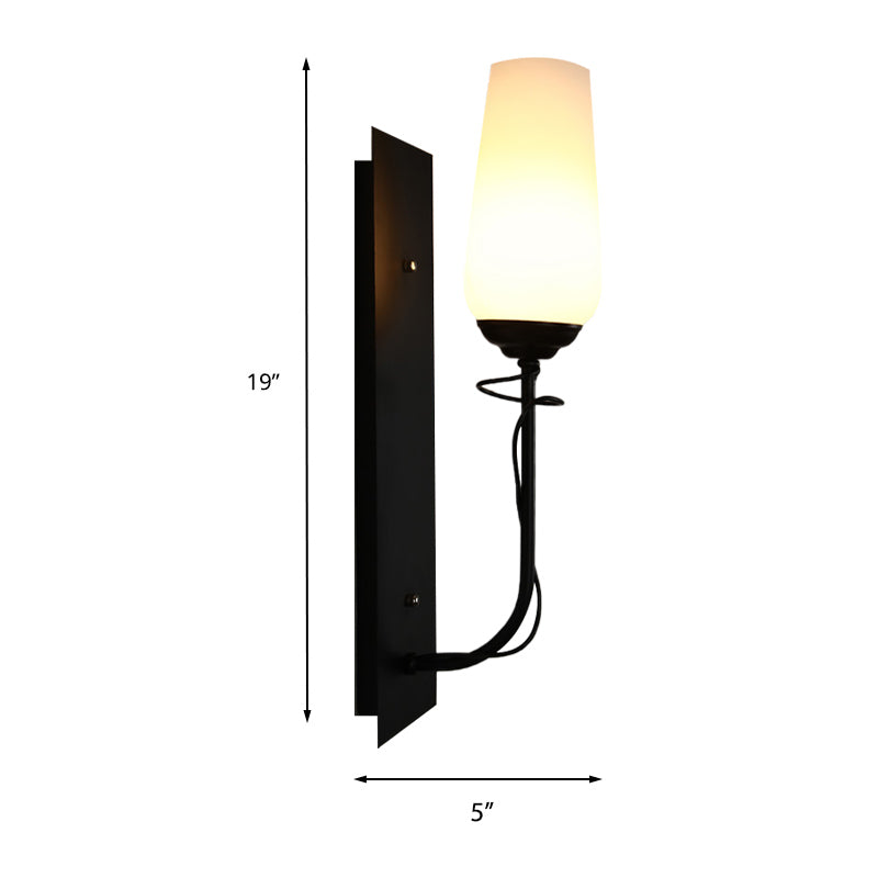 Opal Glass Vintage Style Tapered Wall Lamp - Single Light Black Sconce For Living Room