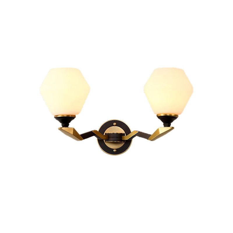 Black-Gold Geometric Sconce Light With Antique Ivory Glass For Bedroom