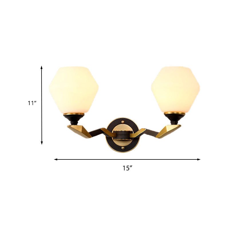 Black-Gold Geometric Sconce Light With Antique Ivory Glass For Bedroom