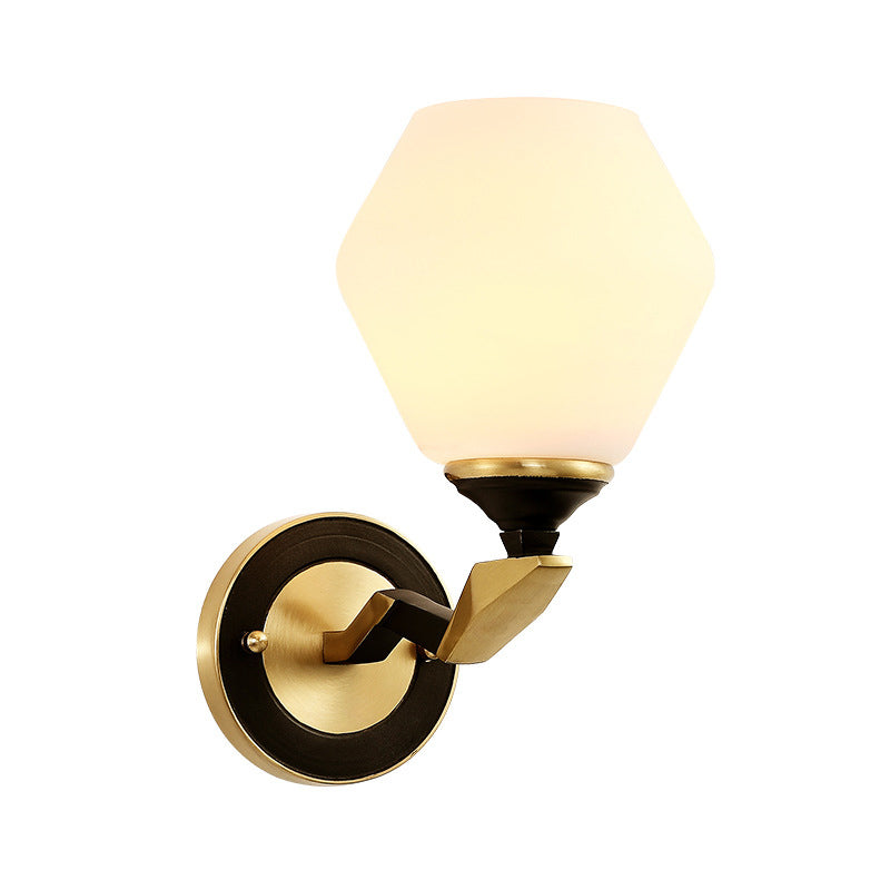 Black-Gold Geometric Sconce Light With Antique Ivory Glass For Bedroom