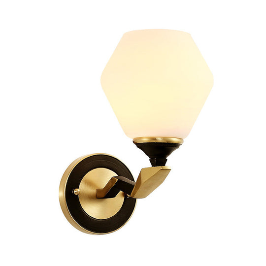 Black-Gold Geometric Sconce Light With Antique Ivory Glass For Bedroom