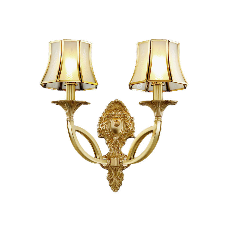 Frosted Glass Wall Sconce With Brass Paneled Bell And Scrolled Arm For Traditional Living Room Décor