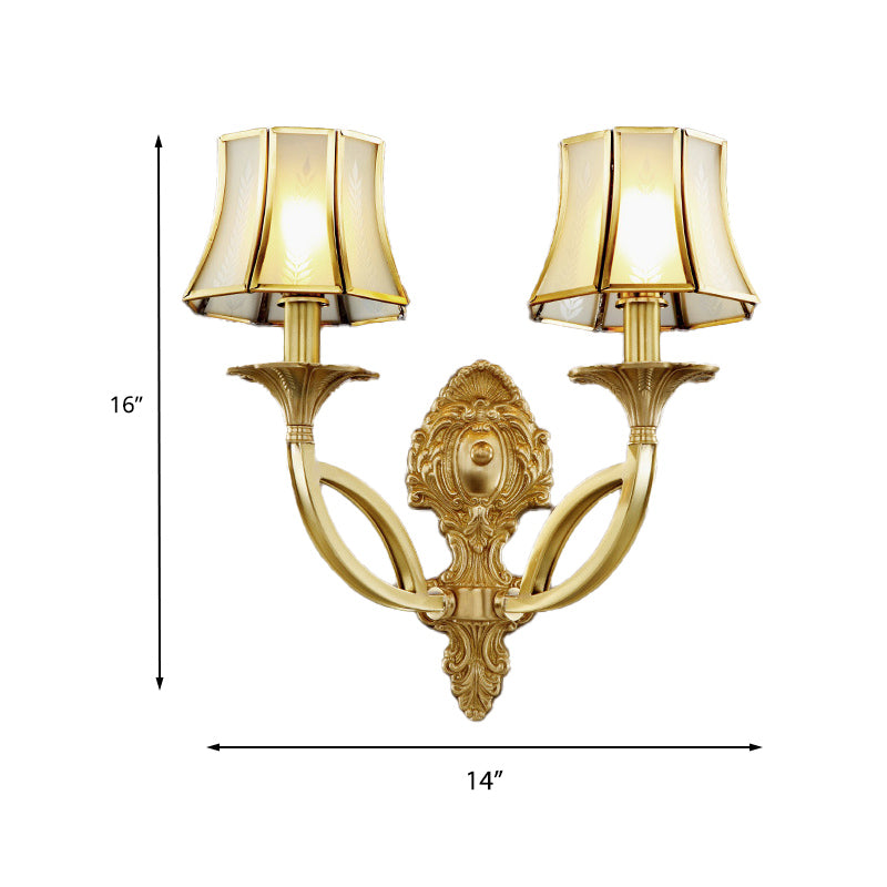 Frosted Glass Wall Sconce With Brass Paneled Bell And Scrolled Arm For Traditional Living Room Décor