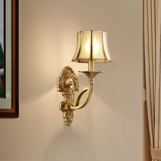 Frosted Glass Wall Sconce With Brass Paneled Bell And Scrolled Arm For Traditional Living Room Décor