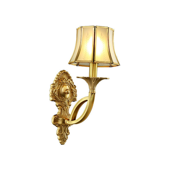 Frosted Glass Wall Sconce With Brass Paneled Bell And Scrolled Arm For Traditional Living Room Décor