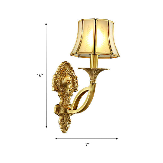 Frosted Glass Wall Sconce With Brass Paneled Bell And Scrolled Arm For Traditional Living Room Décor