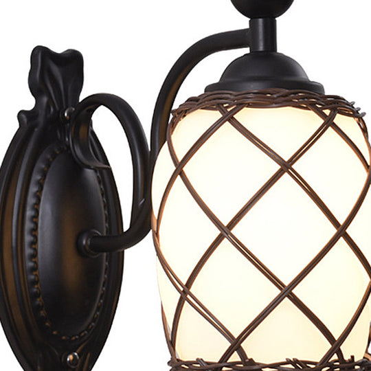 Traditional Cylinder Glass Wall Light Fixture With Bamboo-Woven Shade - Black