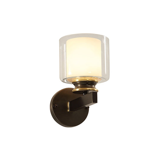 Black 1-Light Wall Sconce - Traditional Metal Cylinder With Double-Tier Glass Shade For Bedroom